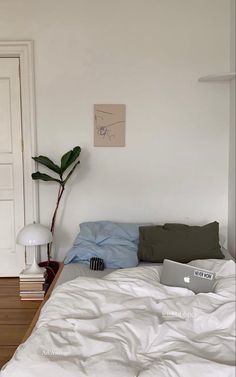 an unmade bed in a white room with a plant on the wall next to it