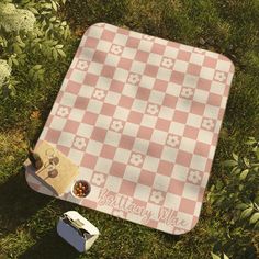 a picnic mat with food on it laying in the grass next to an open suitcase