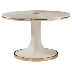 a white table with gold trimmings and a round wooden table top on an acrylic base