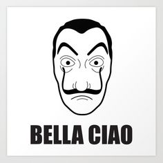 a black and white drawing of a face with the words bella ciao on it