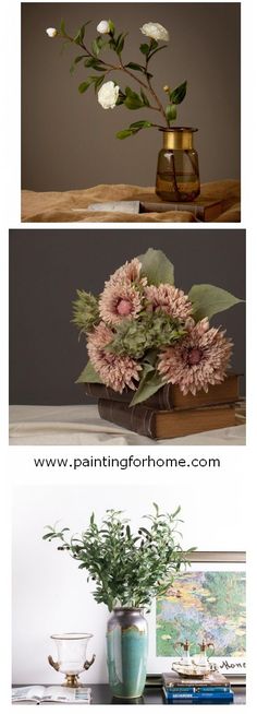 three different vases filled with flowers on top of a table