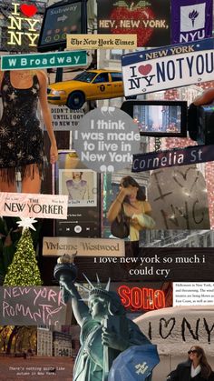 the collage shows many different types of signs and people in new york, ny