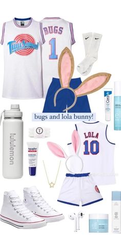 some items that are in the shape of a bunny ears outfit and white shoes with blue accents