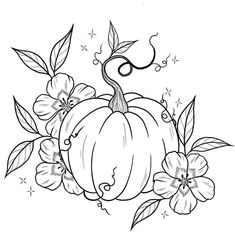 a black and white drawing of a pumpkin with flowers