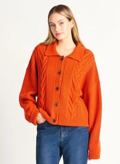 Chunky Cable Knit Cardigan Burnt Orange Cardigan, Chunky Cable Knit Cardigan, Orange Cardigan, Cable Cardigan, Athleisure Tops, Black Tape, Chunky Cable Knit, Merino Wool Cardigan, Timeless Wardrobe Staples