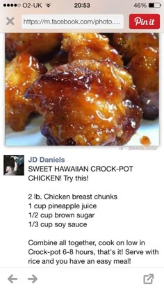 an instagram page with the recipe for sweet hawaiian crock pot chicken on it