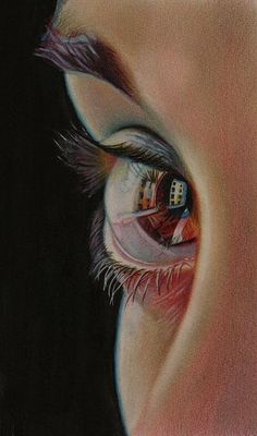 a drawing of a woman's eye with the reflection of a house in it