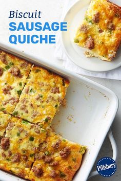 sausage quiche in a casserole dish on a white plate with a fork next to it