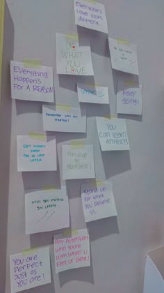 several sticky notes attached to the wall with words written on them, all pinned together