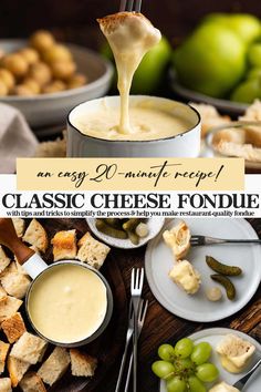 the cheese fondue is being poured into a bowl with grapes and crackers around it