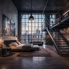 an industrial style bedroom with large windows and stairs