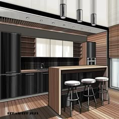 an artist's rendering of a modern kitchen with bar stools and wood flooring