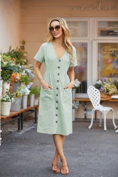 Casual V Neck Short Sleeves Button Down Midi Dress with Pockets Floral Print Short Dress, Women's Summer Dresses, T Shirt Dresses, Button Down Midi Dress, Solid Midi Dress, Solid Maxi Dress, Midi Dress With Pockets, Floral Chiffon Maxi Dress, White Lace Maxi Dress