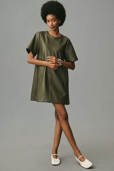 Maeve Short-Sleeve Crew-Neck Faux Leather Swing Mini Dress Casual Flowy Dress, Dramatic Dresses, Sun Dress Casual, Mini Tunic Dress, Olive Dress, Olive Green Dresses, Green Fits, Leather Short, Short Sleeve Dress