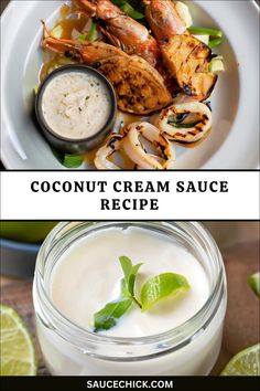 coconut cream sauce in a glass jar with grilled shrimp on the side