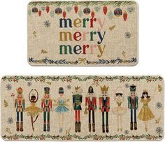 two christmas themed placemats with the words merry and nutcracker on them