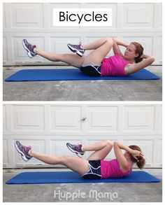 a woman doing an exercise on a blue mat in front of a white garage door