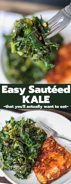 an easy sauteed kale salad is served on a white plate