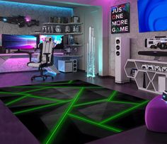 a living room filled with furniture and neon lights