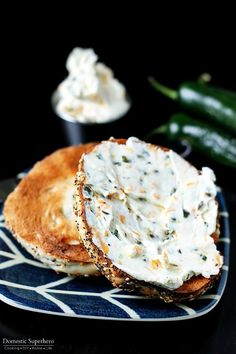 some food is sitting on a blue and white plate