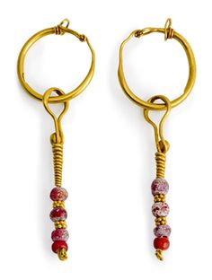 A PAIR OF BYZANTINE GOLD AND RED GLASS EARRINGS Handmade Byzantine Gold Earrings, Byzantine Style Brass Ceremonial Jewelry, Luxury Handmade Byzantine Earrings, Luxury Byzantine Ceremonial Earrings, Gold Byzantine Brass Earrings, Byzantine Jewelry