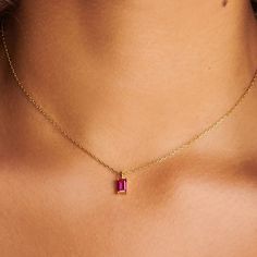 A dainty stone and delicate metallic chain are combined to create this Gold Pendant Necklace in brilliant ruby, your new favorite wear-anywhere accessory.   The birthstone for the month of July is Ruby. This bold, saturated red gemstone helps the wearer overcome challenges and symbolizes courage and passion.  Authentic ruby stone; Made of 14K gold plated sterling silver.   Hypoallergenic, nickel, and lead-free. Tarnish resistant. H2O sensitive. We recommend taking it off during the shower or goi Ruby Stone Necklace, Birthday Stone, Ring Der O, Ruby Necklace, Ruby Stone, Stone Pendant Necklace, July Birthstone, Steel Necklace, Girls Jewelry