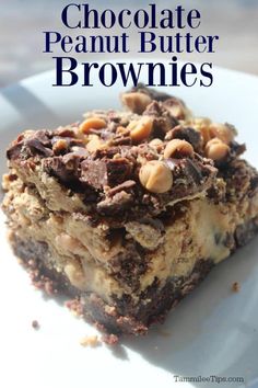 chocolate peanut butter brownies stacked on top of each other with the title above it