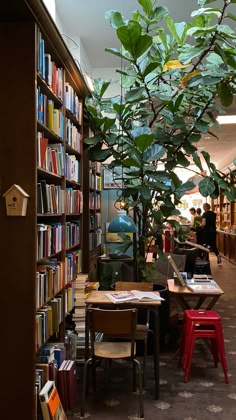 a library with tables, chairs and bookshelves full of books