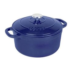 a blue casserole dish with a lid and handles on the side, sitting against a white background