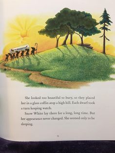 an open children's book with pictures of animals on the grass and trees in the background