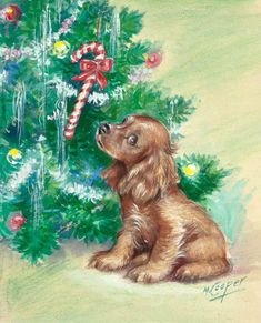 a painting of a dog sitting in front of a christmas tree with candy canes