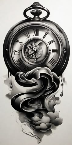 an artistic drawing of a pocket watch with water dripping from the clock's face