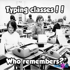 two women sitting at desks with typewriters in front of them and the words typing classes who remembers?