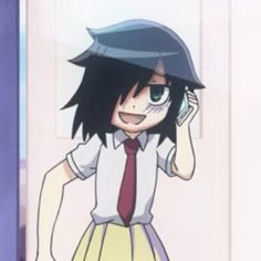 an anime character wearing a dress and tie holding a cell phone up to her ear