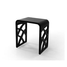 a small black table with an intricate design on the top and bottom, against a white background