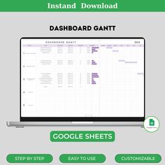 the dashboard gant spreadsheet is displayed on a laptop screen, with an arrow pointing