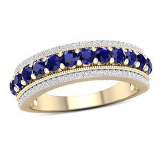 She'll radiate in beautiful color with this vintage-inspired gemstone and diamond ring. Crafted in warm 10K gold, this attractive choice features a row of 2.5mm bright blue sapphires in between diamond-lined ribbons with milgrain detailing. Captivating with 1/6 ct. t.w. of diamonds and a brilliant buffed luster, this ring is a treasured keepsake in the making. Sapphire And Diamond Band, Blue Sapphire Diamond Ring, Vintage Style Rings, Peoples Jewellers, Special Ring, Blue Sapphire Diamond, Wedding Ring Designs, Eternity Ring Diamond, Sapphire Stone