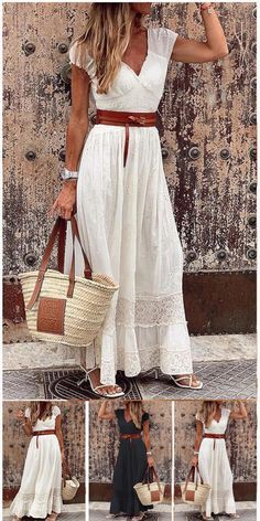 Flornana Casual Solid Split Joint V Neck Waist Skirt Dresses #Dressupshow #Fashiontoday #Dresses #Vacation #Beach #trend #fashion #casual #dressescasual #dresseswearwedding #dressestrendy Paint Tie Dye, Summer Dresses 2022, Clothes Dye, Nomad Clothing, White Maxi Dress Boho, Maxi Dress Boho, Stylish Outfits For Women, Robes Vintage, Stylish Outfits For Women Over 50