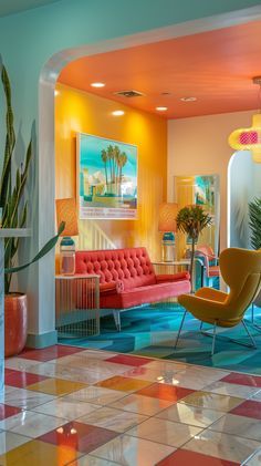 a brightly colored living room with modern furniture and potted plants in the corner area