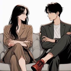 two people are sitting on a couch with their arms crossed and looking at each other