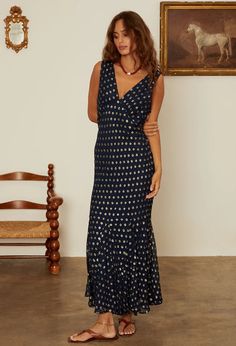 Clarette Georgette Navy Slip Dress with Gold Metallic Dots – Ciao Lucia Polka Dot Dress Styling, Navy Slip Dress, Dress Styling, Ciao Lucia, White Evening Dress, Satin Evening Dresses, Sweater Sale, Evening Dresses Long, Polka Dot Dress