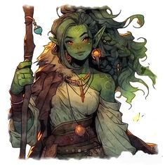 a drawing of a woman with long hair holding a wand and wearing a green outfit