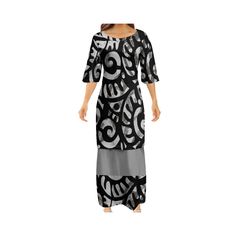 This is a stylish Puletasi featuring a bold Colour printing Polynesian-inspired pattern.    The design is adorned with vibrant black print, adding a tropical flair to the overall look.    The easy patterns and contrasting colors make this dress a standout piece, perfect for casual wear or summer outings. Island Style Clothing, Polynesian Dress, Half Sleeve Dresses, Island Style, Black Print, Simple Patterns, Half Sleeves, Dress Clothes For Women, Casual Wear