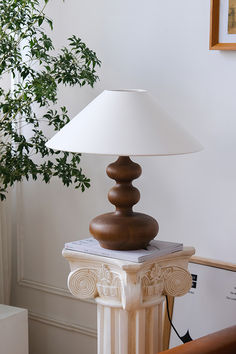 a lamp sitting on top of a table next to a plant