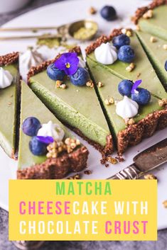 matcha cheesecake with chocolate crust and blueberries