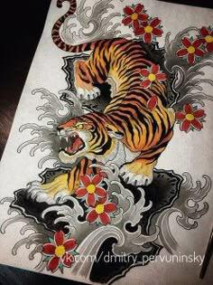 an image of a tiger with flowers on it's back and the words, tattoo designs