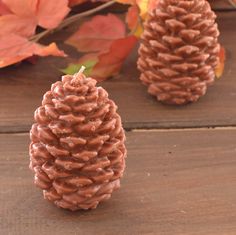 two brown pine cones sitting on top of a wooden table