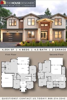 two story house plan with 4 beds and 3 baths in the front, 2 garages on