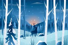 a deer is standing in the middle of a snowy forest with trees and snow flakes