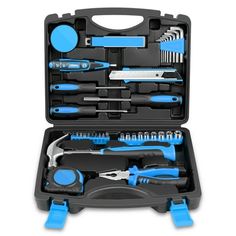 a tool kit in a black case with blue handles and tools inside the box on a white background